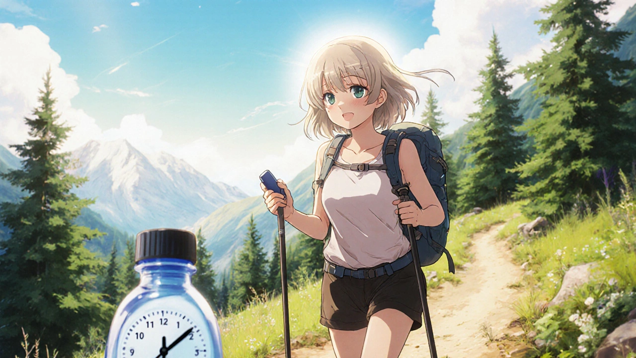 A hiker named Maria taking a tablet and walking confidently on a sunny mountain trail.