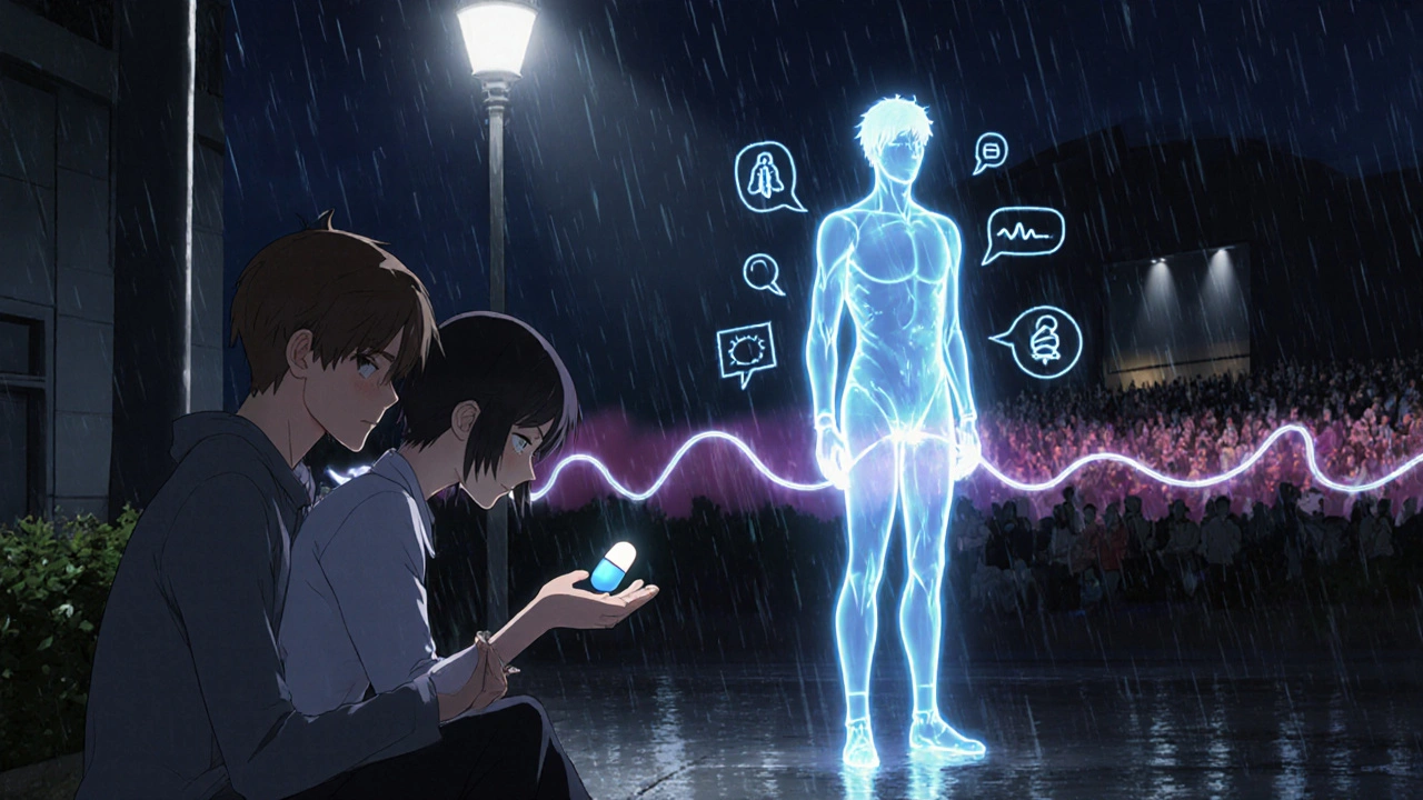 A patient holds a propranolol pill while their calm self stands before a crowded stage, therapy symbols glowing beside them.