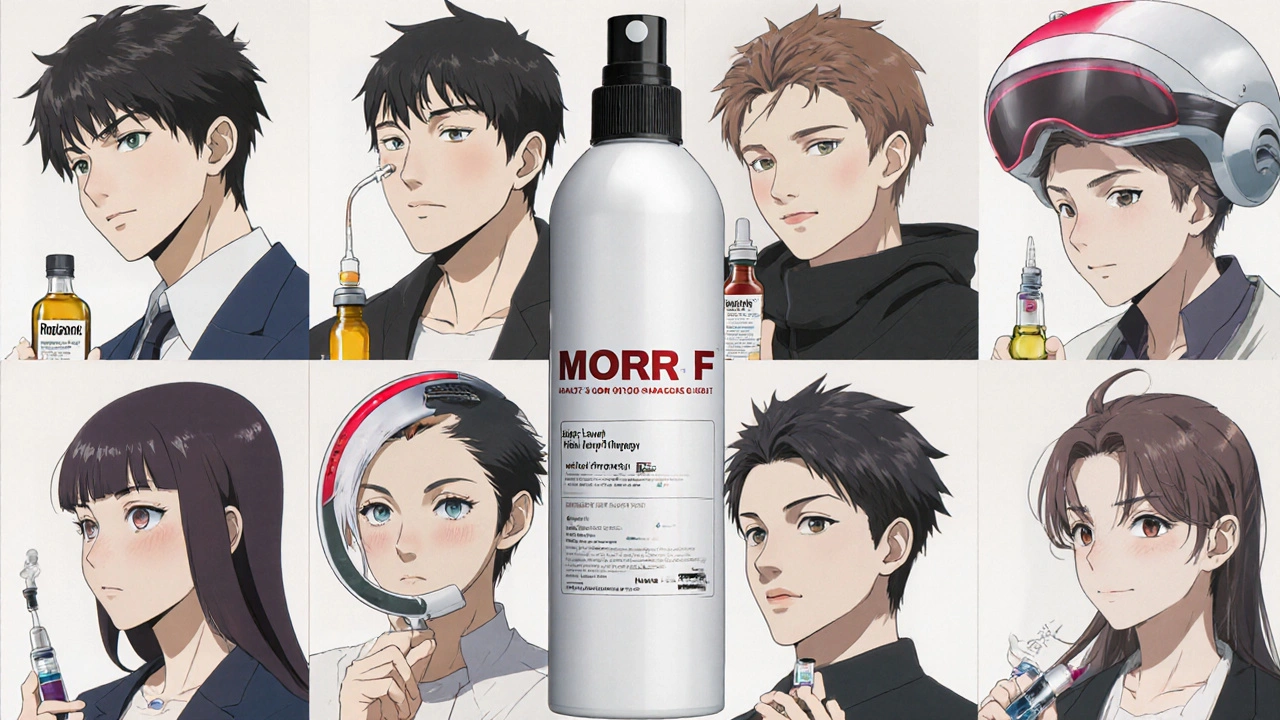 Anime‑styled lineup of hair‑loss treatments, from spray to transplant, arranged for side‑by‑side comparison.