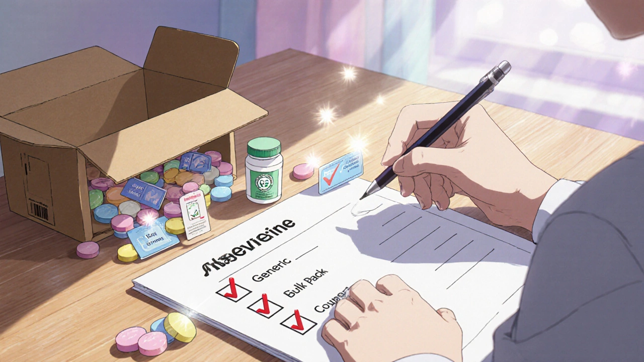 Character checking a list beside a delivery box of pastel Mebeverine tablets.