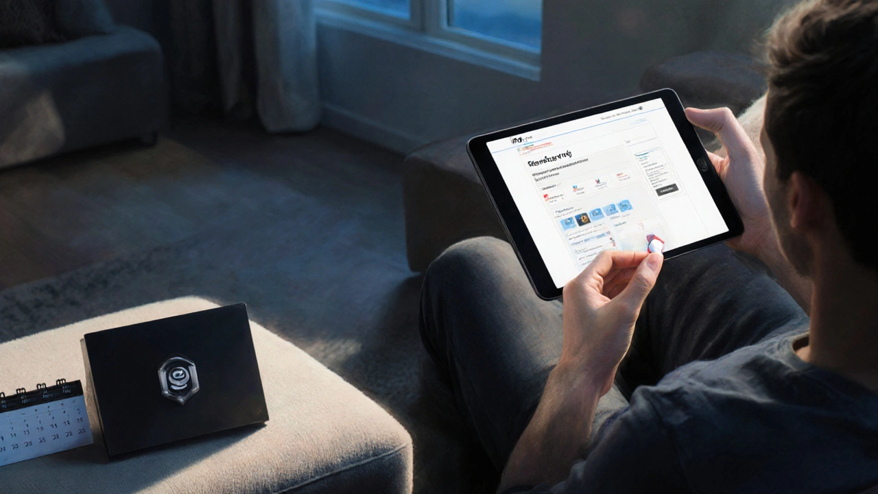 Couple at home; man holds Stendra tablet while browsing a pharmacy on tablet.