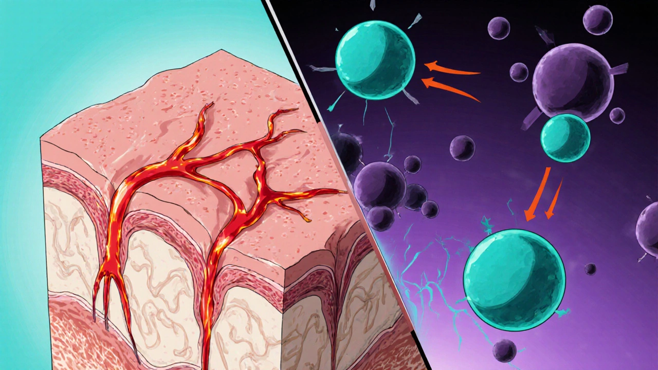 Cross‑section of scalp showing expanded blood vessels and blocked DHT molecules in anime style.
