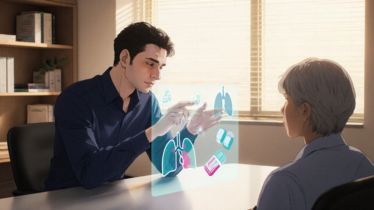 Doctor and patient discussing treatment options with floating icons of infections and pills.