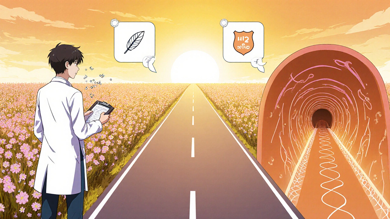 Doctor at a forked road with one path leading to flowers and the other to a tunnel of acid motifs.