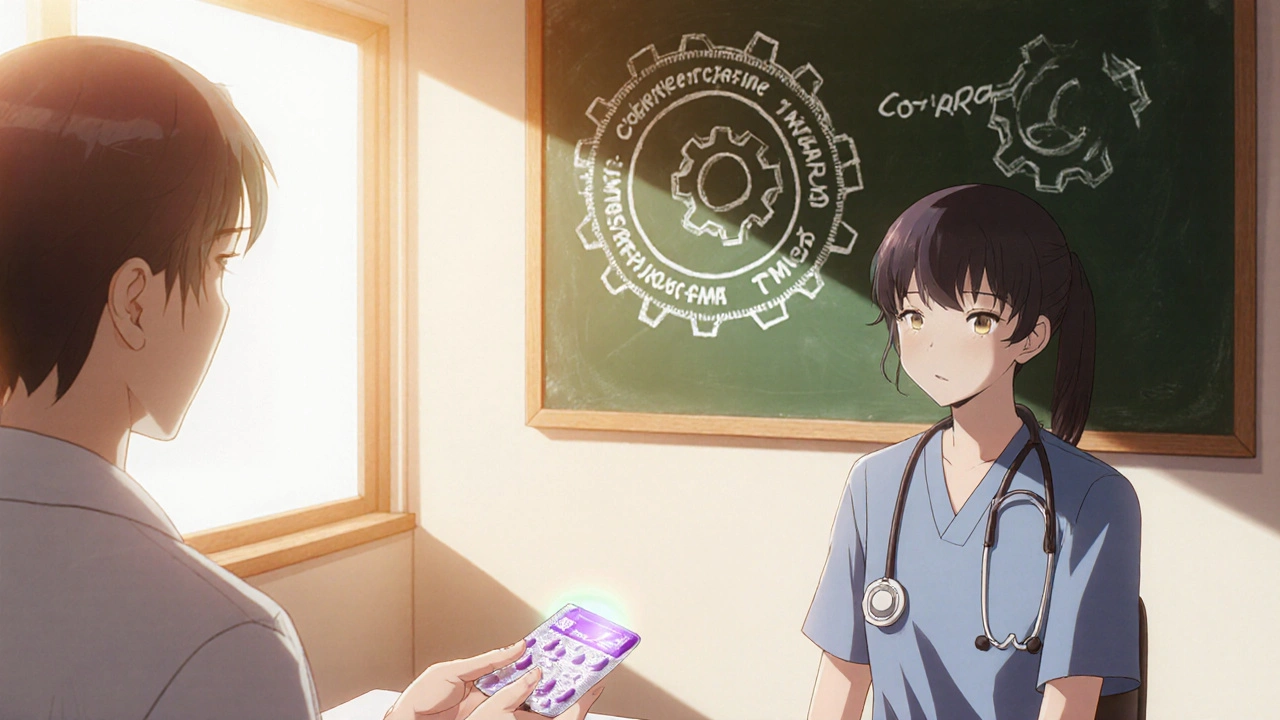 Doctor gives a patient a co‑trimoxazole blister pack in a bright exam room.