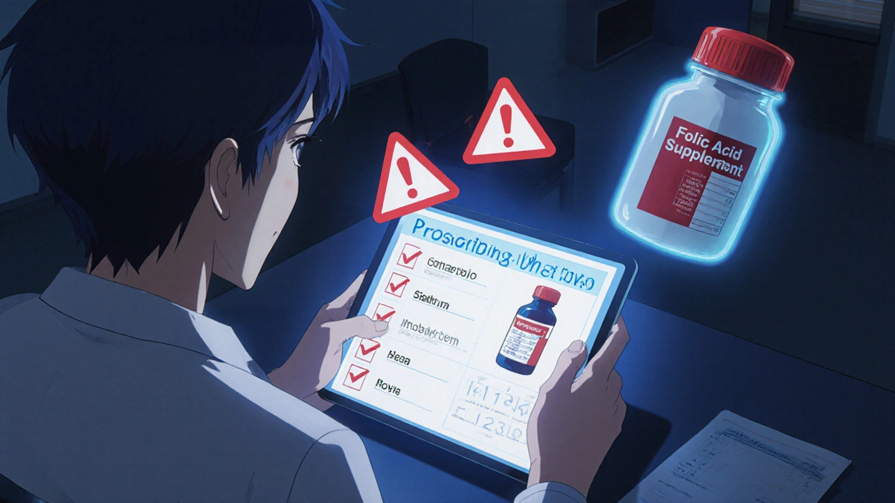 Doctor reviews a patient chart with renal, warfarin, and folic‑acid icons.