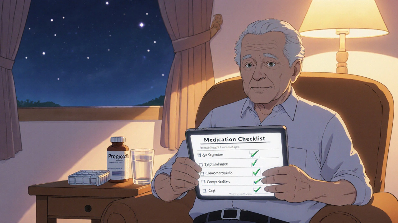Elderly person at home reviewing a medication checklist next to a Procyclidine bottle.
