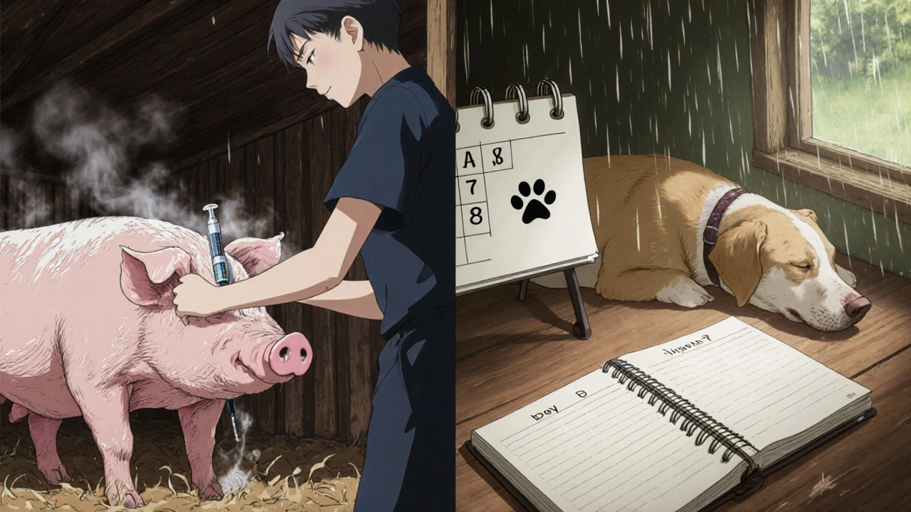 Farmer injecting antibiotic into a sick pig while pet owner logs doses at home.