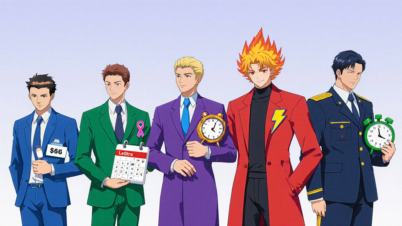 Five characters representing different ED drugs, each with visual cues for onset, duration, and price.