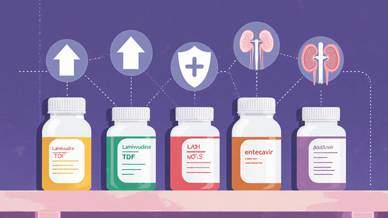 Five HBV drug bottles on a bench, each with icons for efficacy, resistance, and kidney safety.