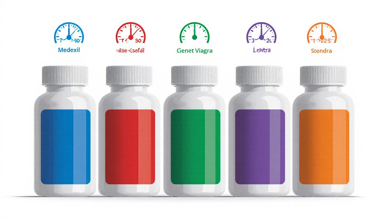 Flat‑lay of six ED drug bottles with clock icons indicating onset times.