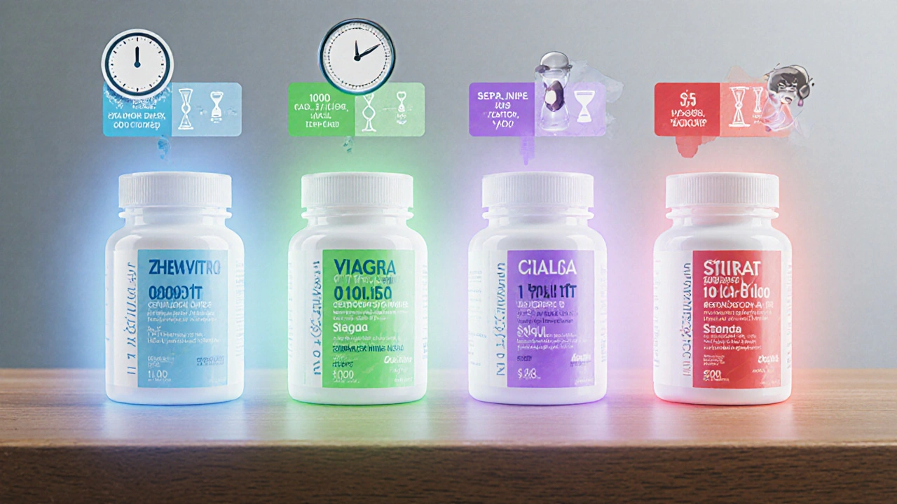 Four pill bottles labeled Zhewiri, Viagra, Cialis, Stendra with glowing aura icons.