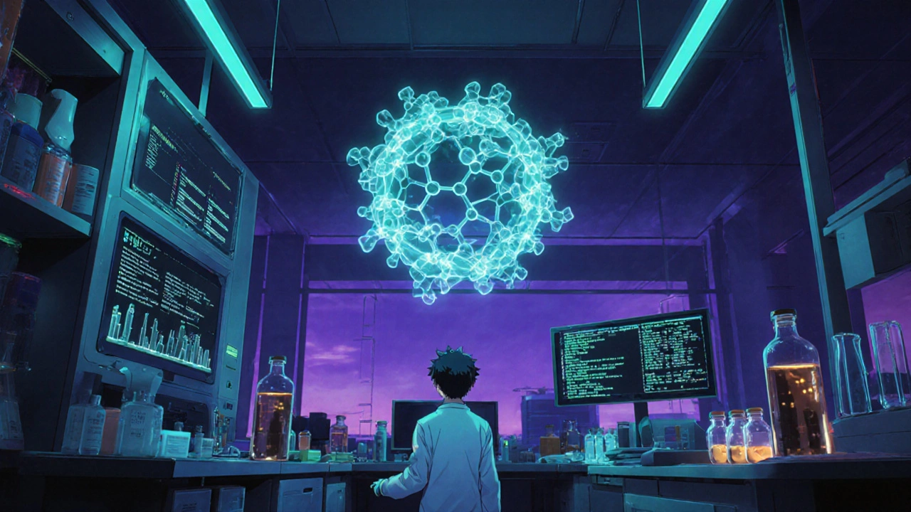 Futuristic lab with a glowing new macrolide molecule and researchers examining it.