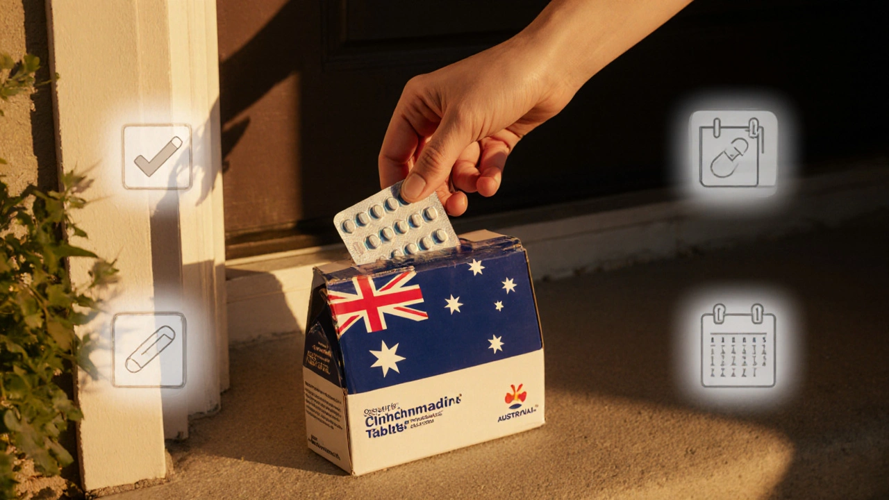 Hand opening a delivery box on a doorstep, revealing generic clindamycin blister pack.