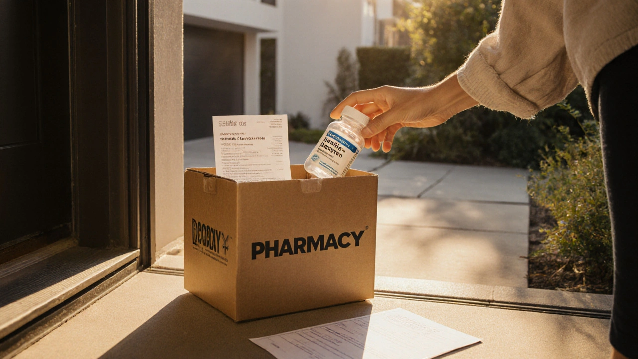 Hand opening a delivery box with generic ibuprofen bottle and invoice on a doorstep.