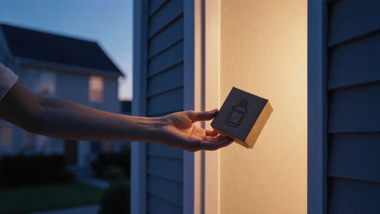 Hand receiving a discreet package with a pill bottle imprint at a doorstep.