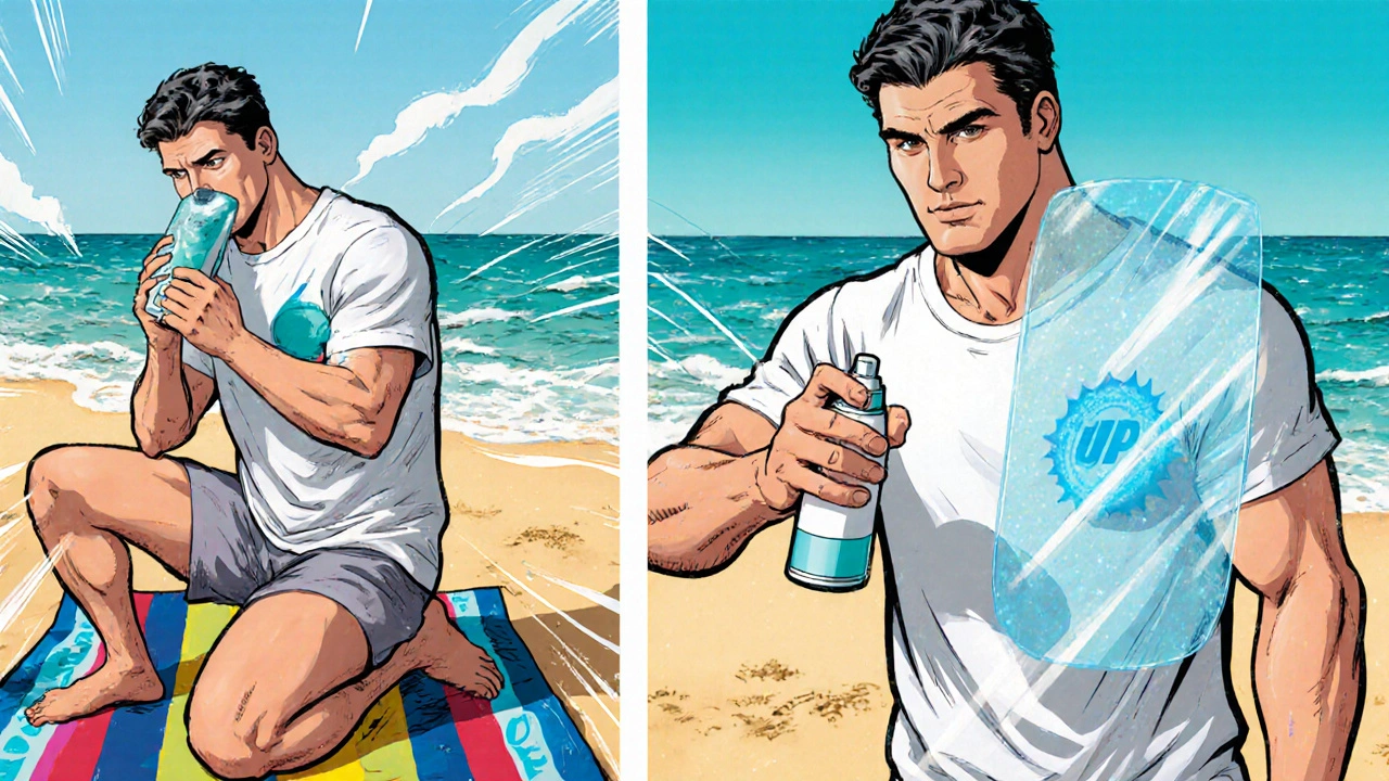 Hero applying moisturizer and sunscreen on beach, wearing breathable UPF shirt.