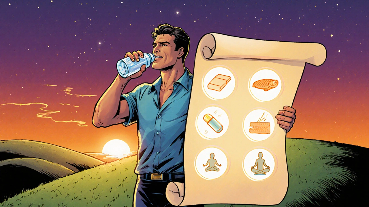Hero at sunset holding checklist, drinking water, surrounded by healthy food icons.