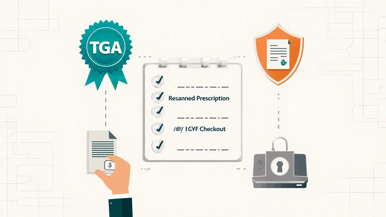 Illustrated checklist of safety steps for purchasing medication online.