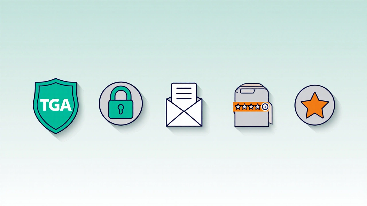Illustrated checklist showing icons for TGA, padlock, pharmacist contact, and shipping.
