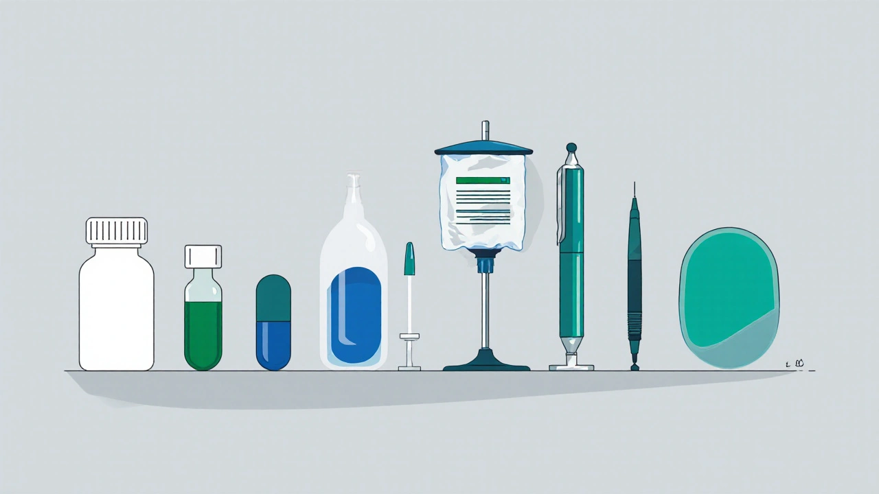 Illustration of various IBD/RA drugs: pills, capsules, syringes, IV bag, pen.
