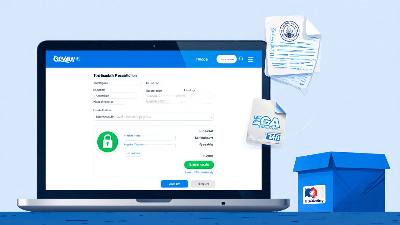 Laptop showing secure pharmacy checkout icons with prescription thumbnail and courier box.