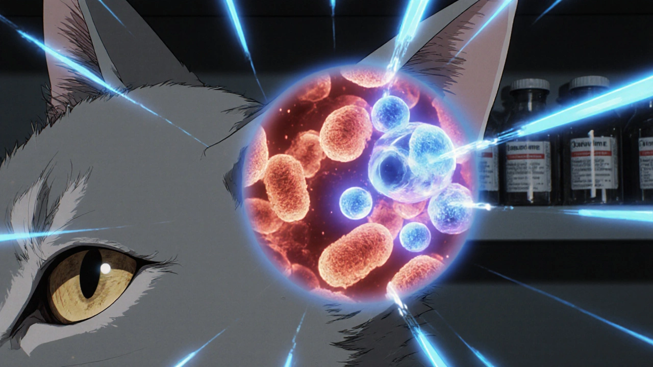 Magnified view of cefuroxime molecules destroying bacteria in a cat's infected ear.