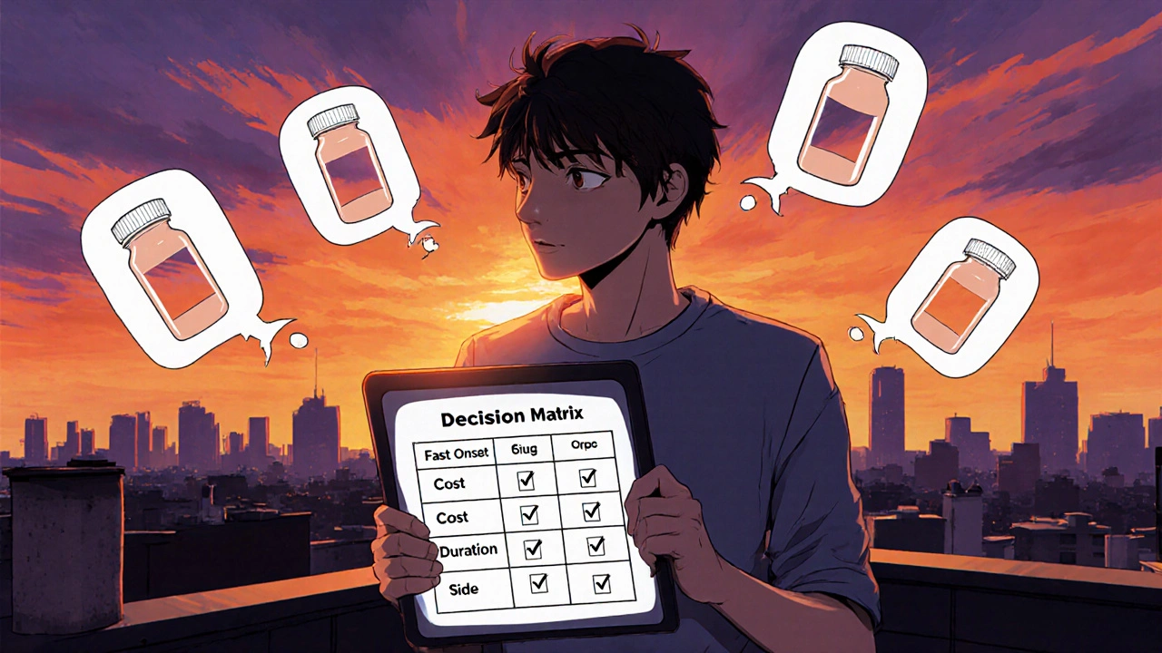 Man on rooftop reviewing a decision matrix for choosing an ED medication.