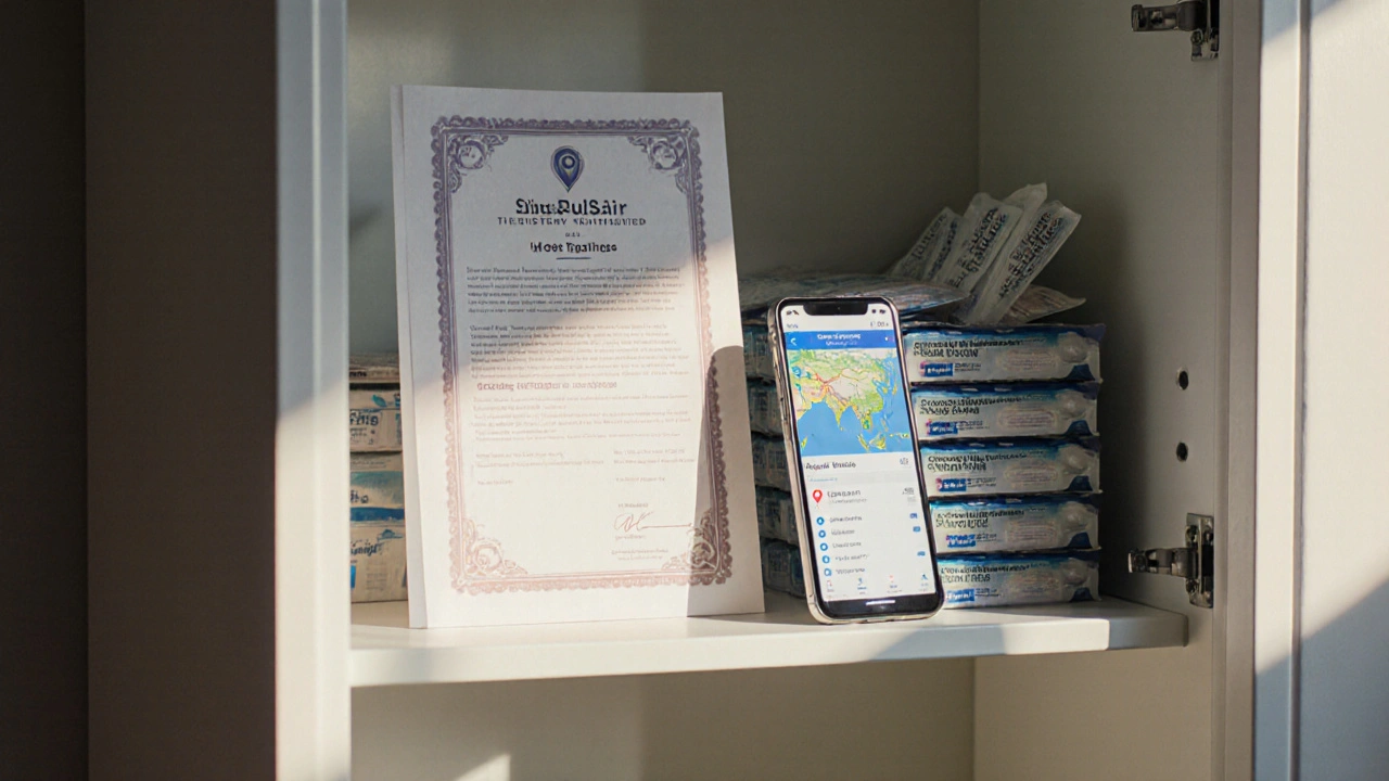 Medicine cabinet displaying generic Singulair, TGA certificate, and tracking phone.