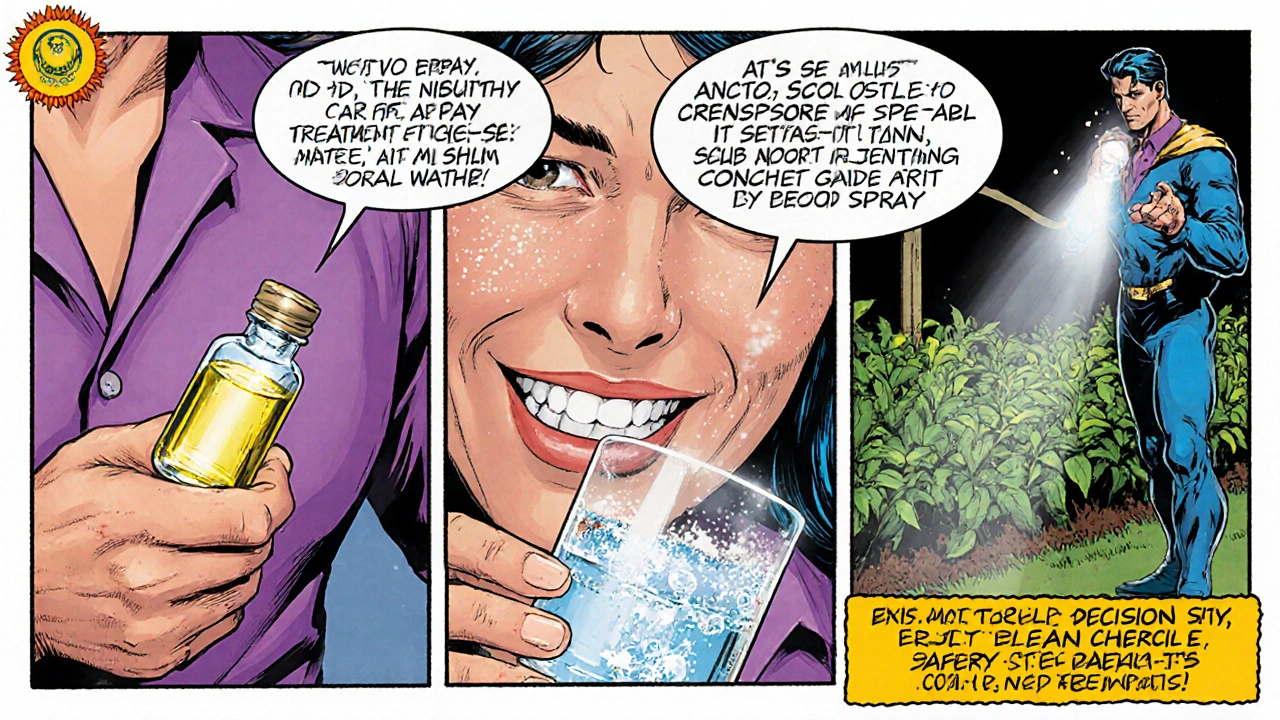 Neem hero demonstrating acne treatment, oral rinse, and garden spray in comic panels.