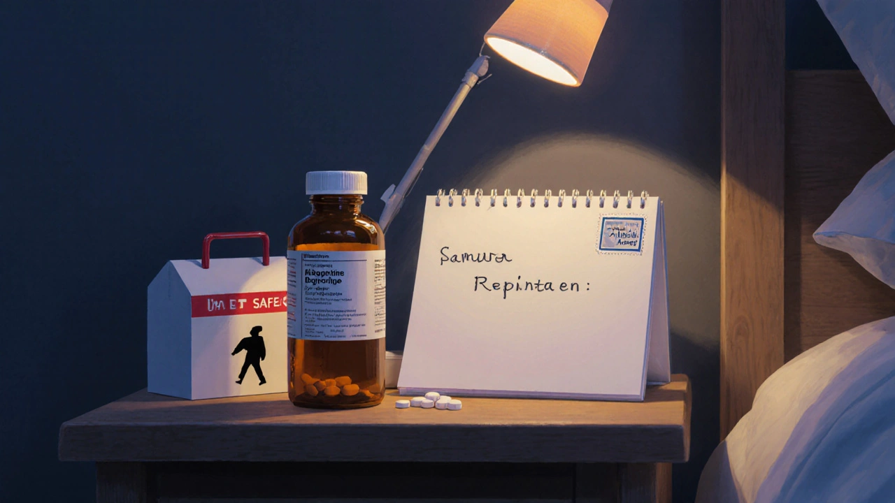 Nightstand with generic bupropion bottle, calendar reminder, and mail box indicating safe delivery.
