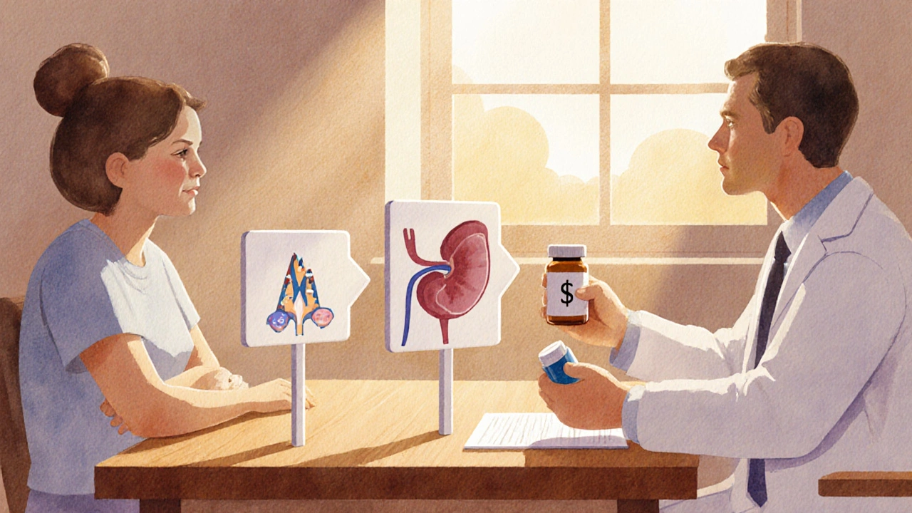 Patient and doctor at a table with three signposts for virus, kidney, and cost, indicating treatment choice.