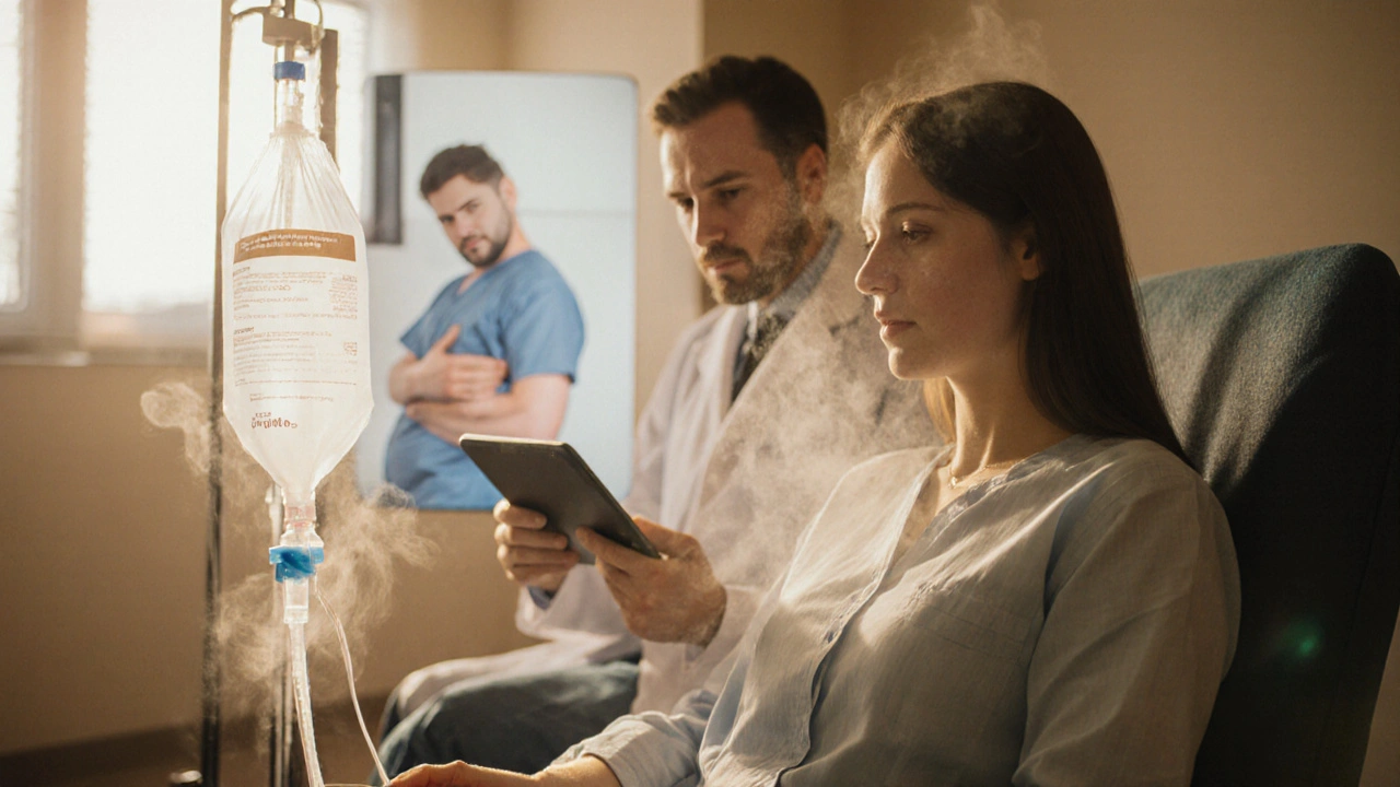 Patient receiving infliximab infusion in clinic, doctor consulting.
