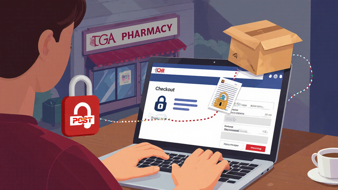 Person ordering medication online with secure checkout and parcel en route.