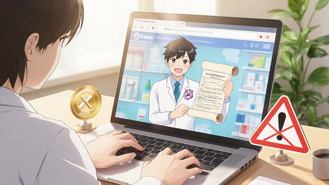Person using a laptop to view a safe online pharmacy with a pharmacist avatar and safety icons.