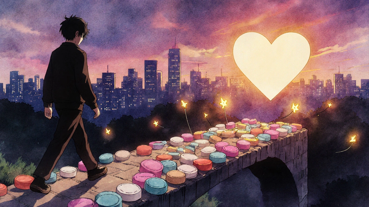 Person walking from fading statin pills to a bridge of better-tolerated statins toward a heart-shaped sunrise.