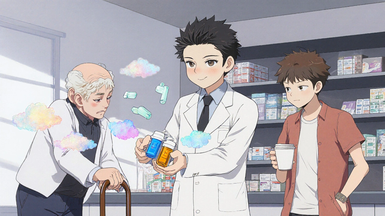 Pharmacist handing a blue capsule and an amber capsule to an elderly man and a young adult.