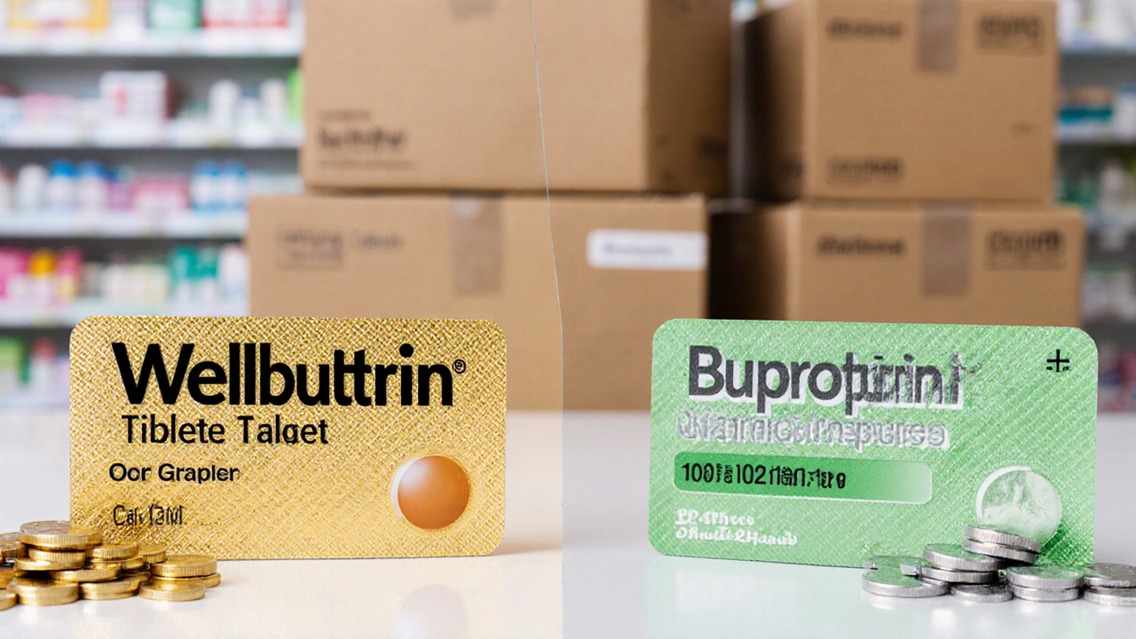 Side‑by‑side view of brand and generic Wellbutrin blister packs with coins showing price.
