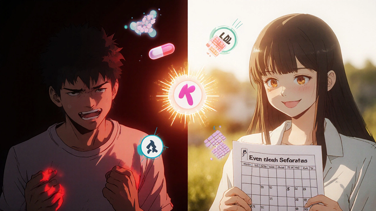 Split scene: person with muscle pain vs. same person feeling better on intermittent statin dosing.