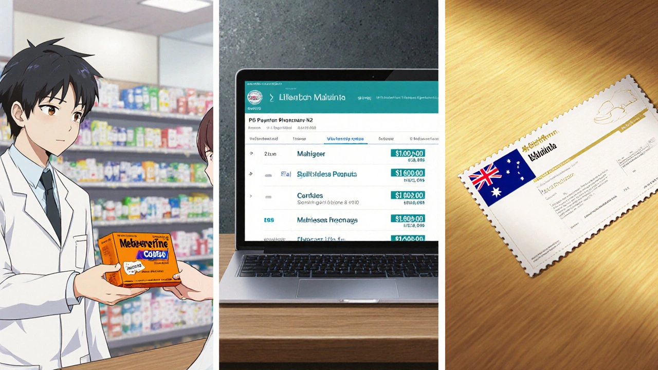 Split scene showing pharmacy counter, laptop price list, and PBS co‑payment voucher.