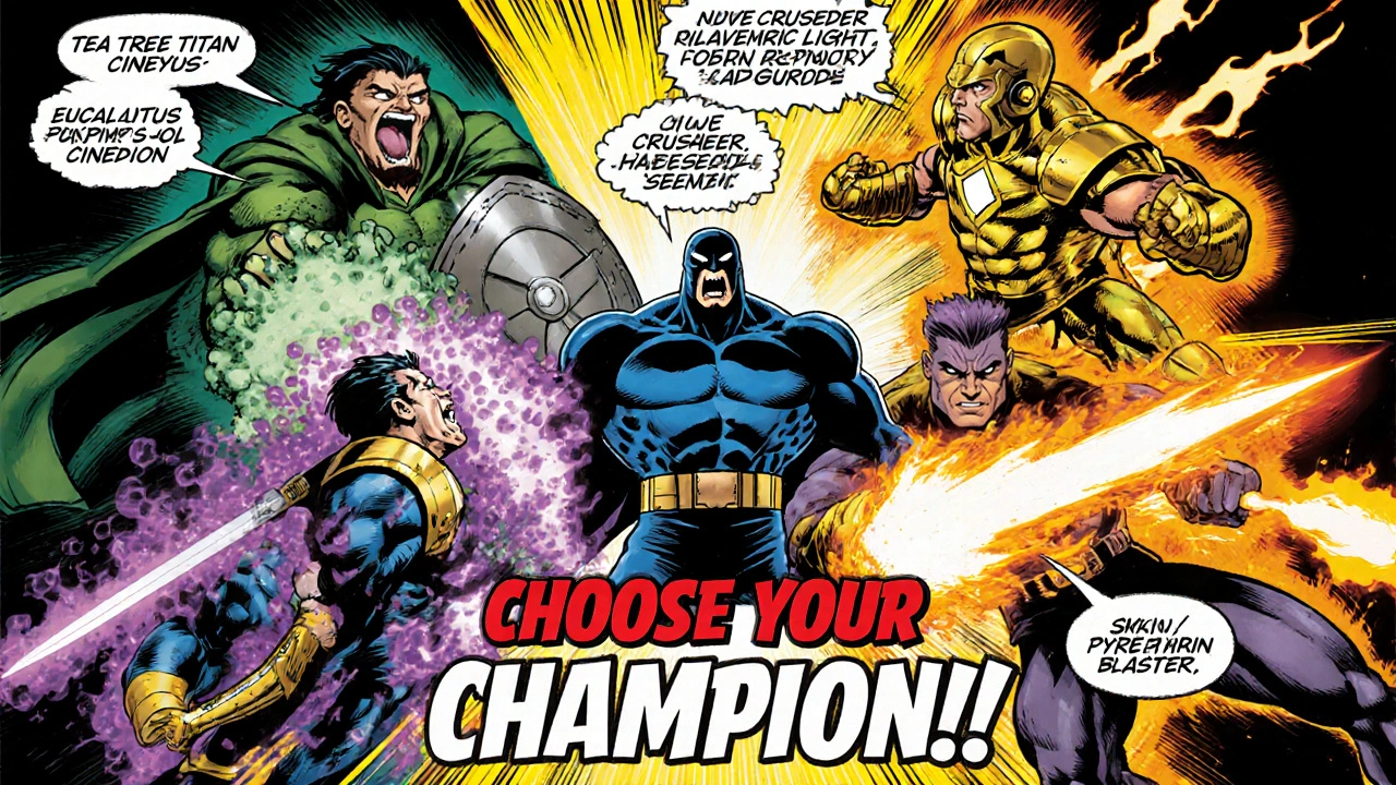 Superhero personifications of various oils battling infection, each with distinct colors.