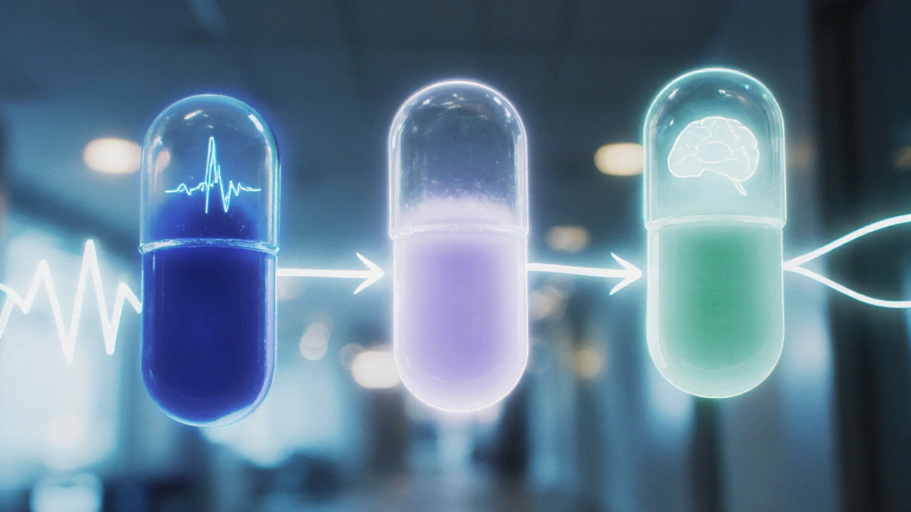 Three glowing beta-blocker pills connected to heart, brain, and migraine pathways in an ethereal anime scene.
