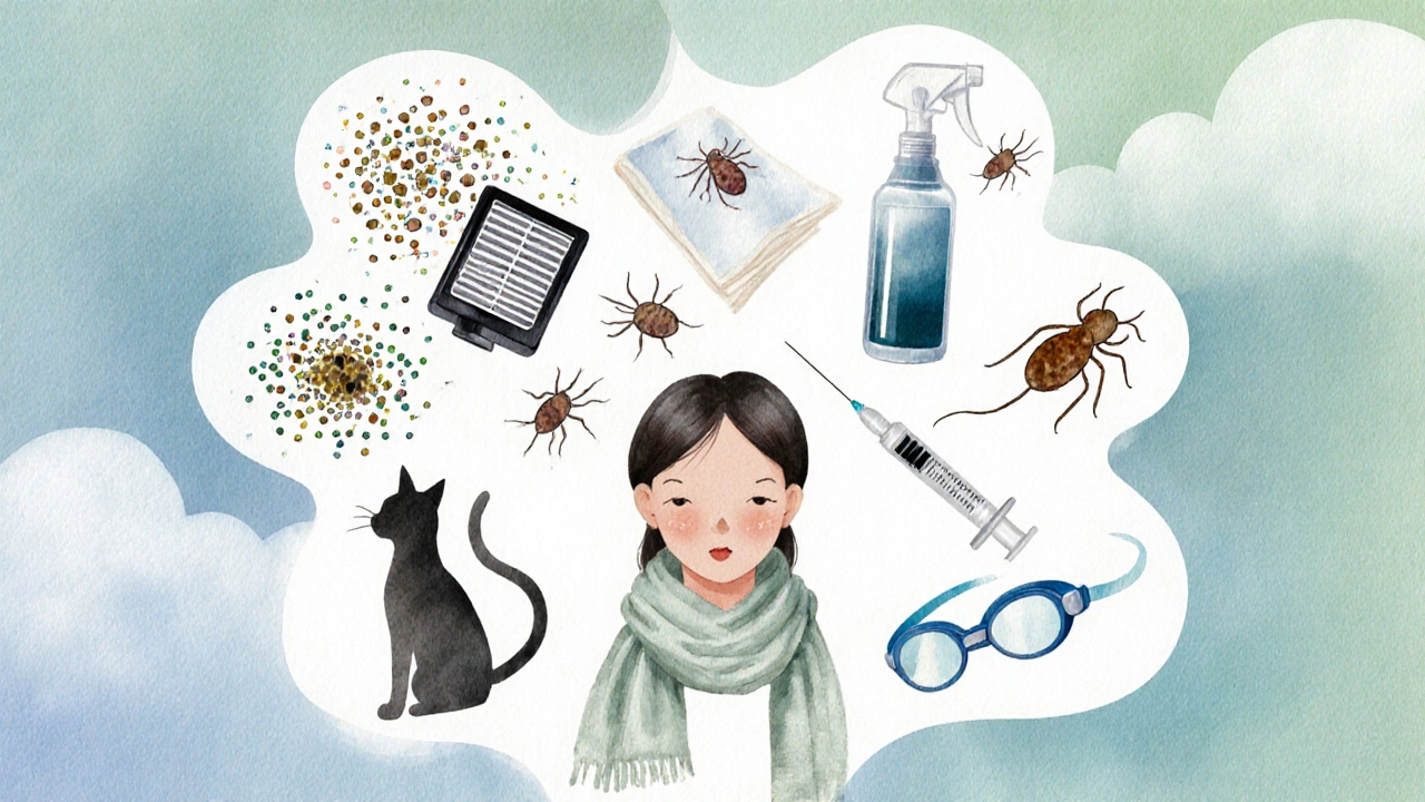 Watercolor collage of asthma triggers and solutions.
