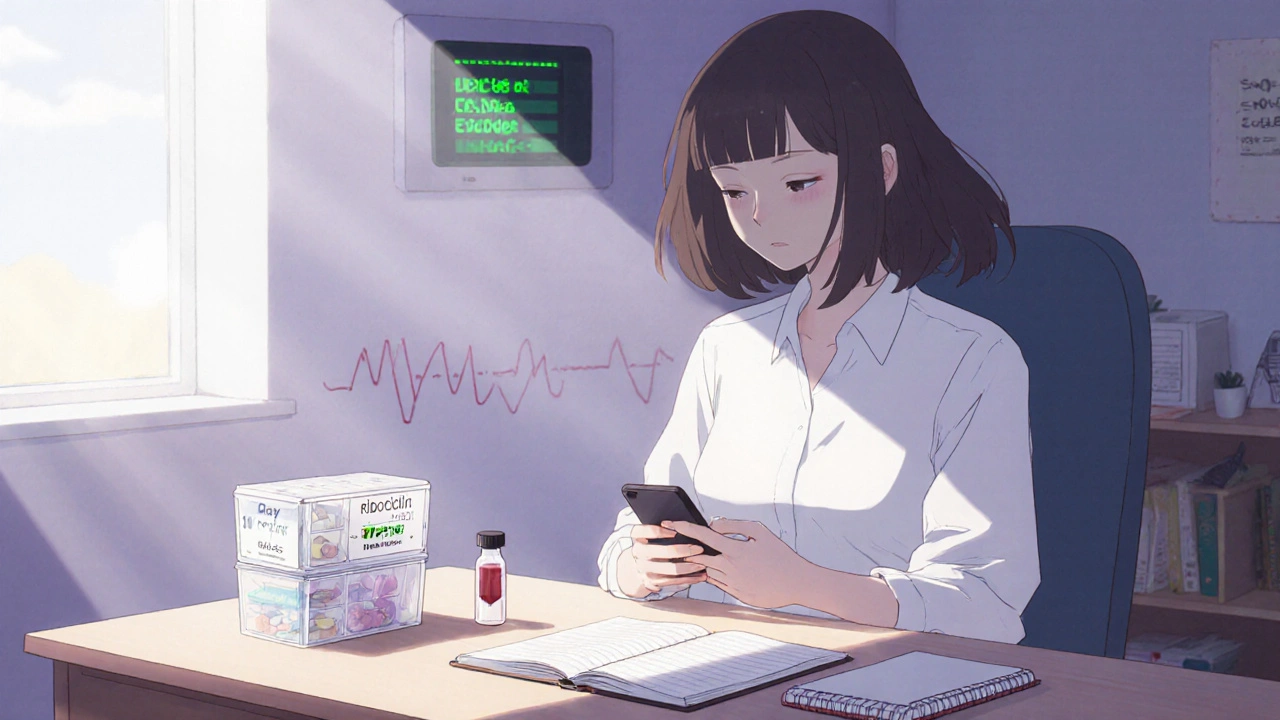 Woman at home organizing ribociclib pills, blood test, and symptom diary.