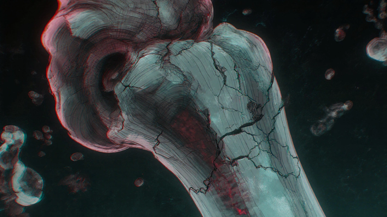 A fractured bone under microscope with glucose molecules and fat cells replacing marrow.