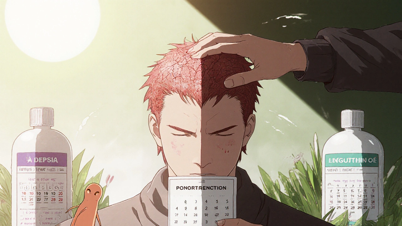 A man&#039;s scalp transforming from flaky and red in winter to smooth and healthy in spring, surrounded by shampoo bottles.