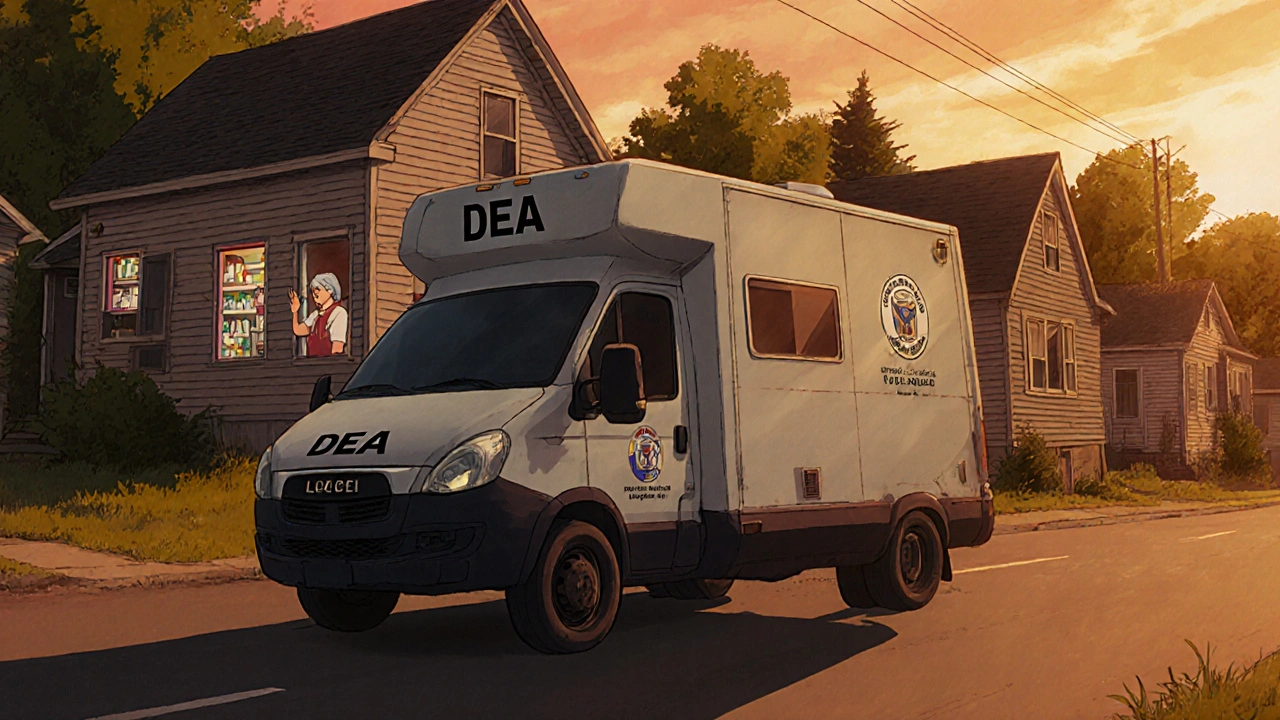 A mobile DEA collection van drives through a rural town at sunrise, serving communities without permanent sites.