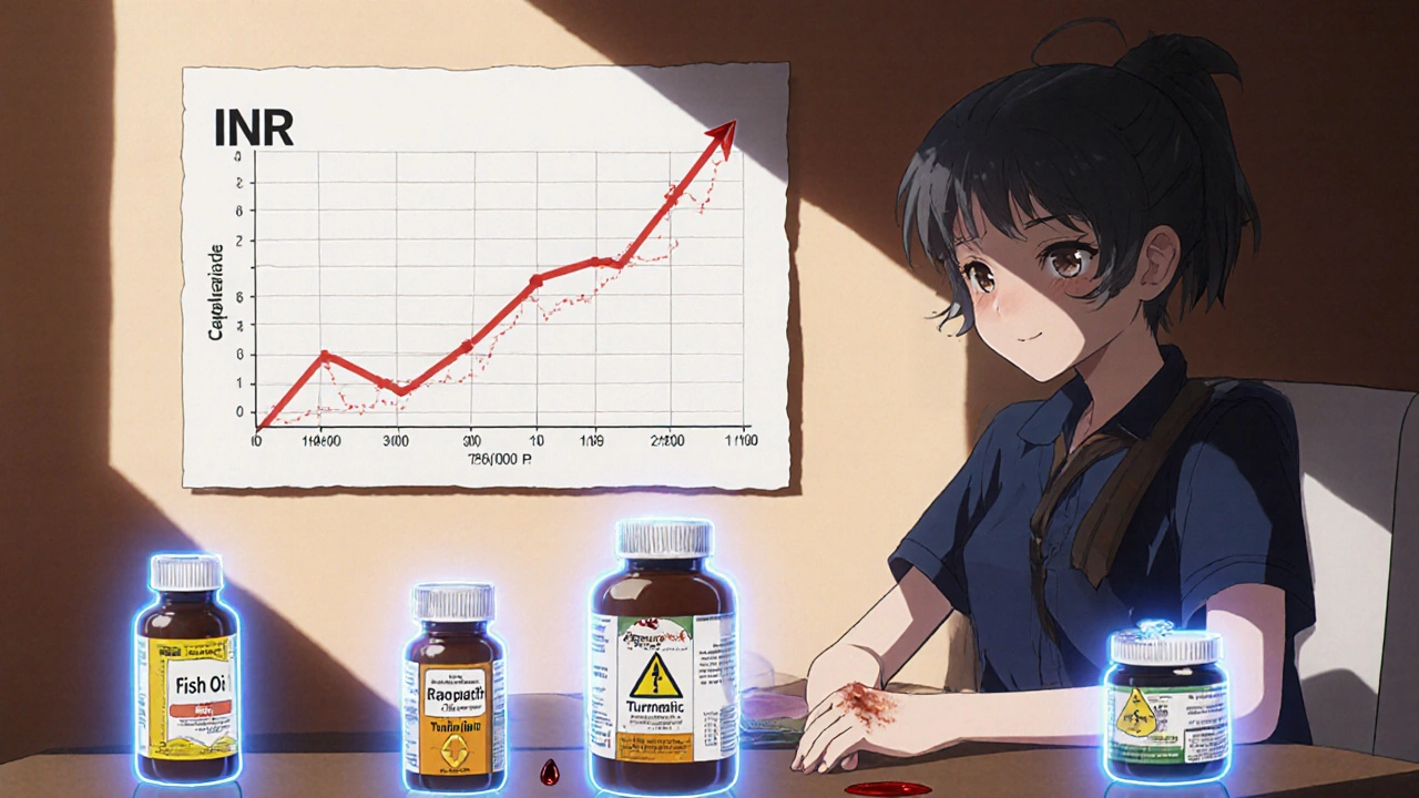 A patient at a kitchen table with supplement bottles and a rising INR graph, a drop of blood falling nearby.