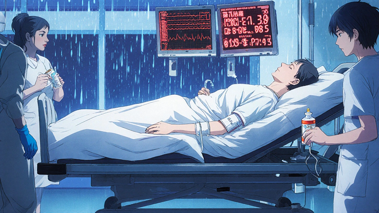A patient in emergency care with IV fluids and monitors showing dangerous calcium levels.