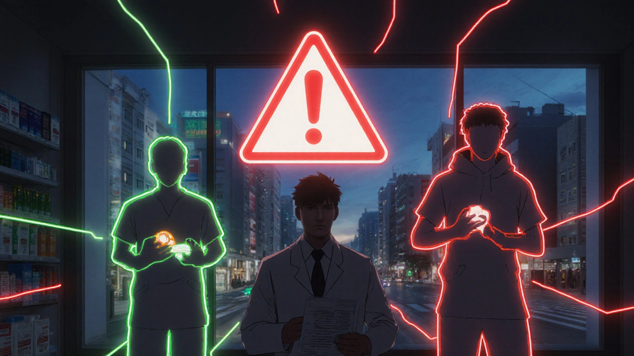 A pharmacist facing a warning icon while patients connected by hazard lines stand behind them.